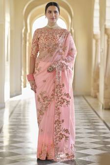 Peach Organza Sequin Embroidered Saree with Blouse