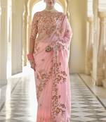 Peach Organza Sequin Embroidered Saree With Blouse