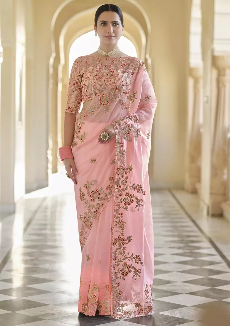 Peach Organza Sequin Embroidered Saree with Blouse