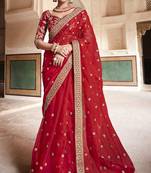 Red Zari Sequins And Dori Embroidered Organza Party Wear Wedding Saree
