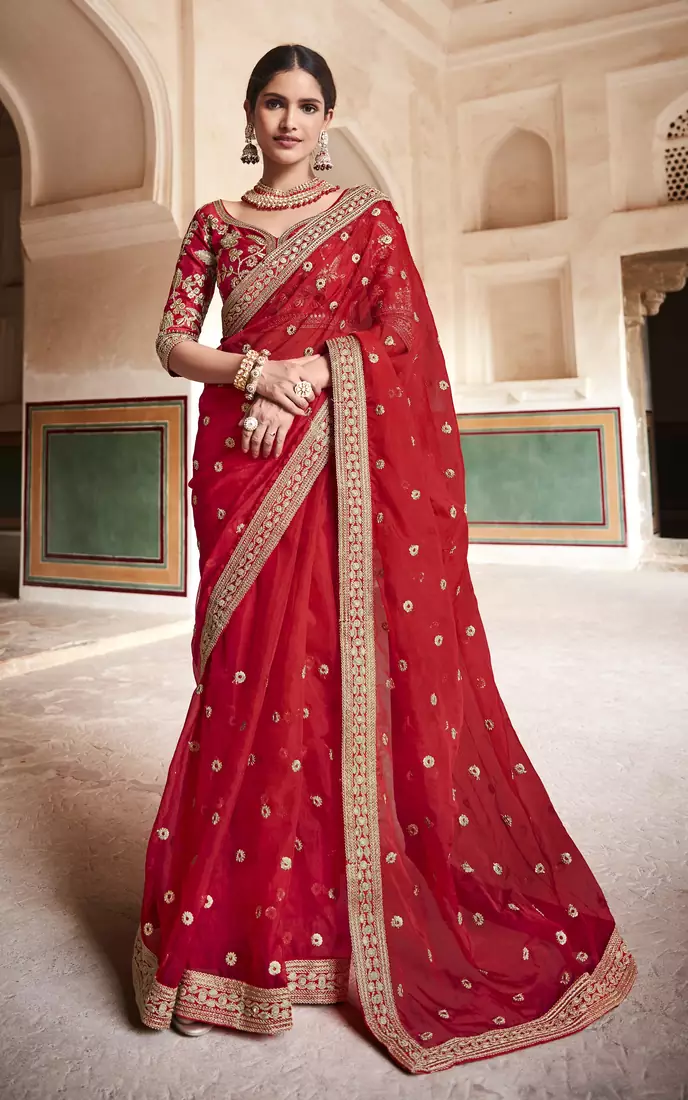 Red Zari, Sequins And Dori Embroidered Organza Party Wear Wedding Saree
