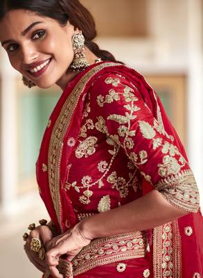 Red Zari Sequins And Dori Embroidered Organza Party Wear Wedding Saree 2