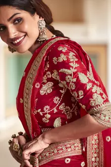 Red Zari Sequins And Dori Embroidered Organza Party Wear Wedding Saree