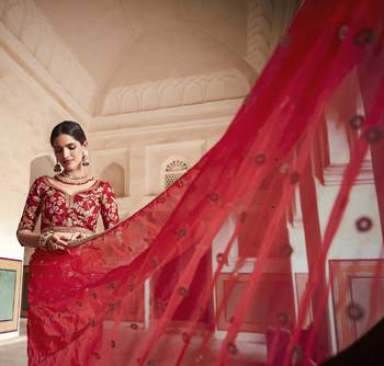 Red Zari Sequins And Dori Embroidered Organza Party Wear Wedding Saree 3