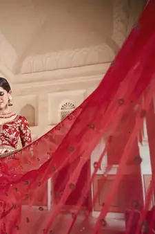 Red Zari Sequins And Dori Embroidered Organza Party Wear Wedding Saree