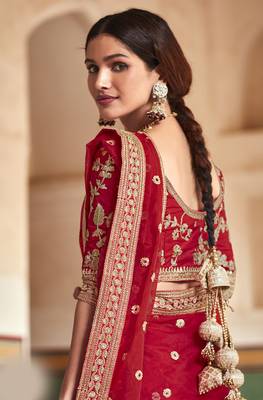 Red Zari Sequins And Dori Embroidered Organza Party Wear Wedding Saree 4