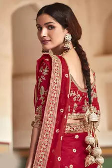 Red Zari Sequins And Dori Embroidered Organza Party Wear Wedding Saree