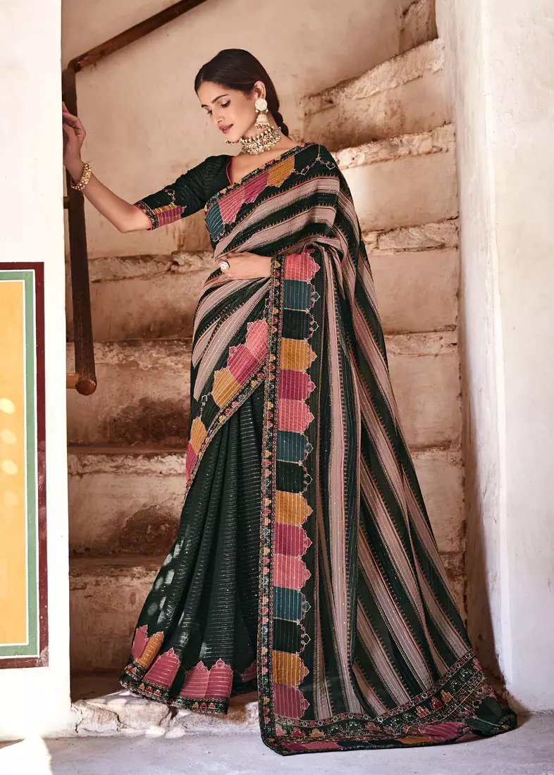 Bewitching Black Zari, Dori, Sequins Embroidered Georgette Party And Festive Saree