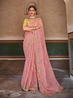 Pink zari, mirror, and thread embroidered organza designer saree 1