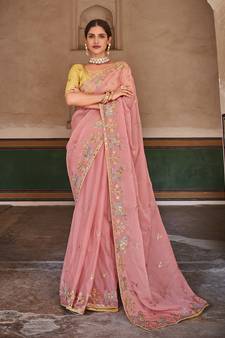 Pink embroidered organza saree with blouse