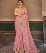 Pink zari, mirror, and thread embroidered organza designer saree