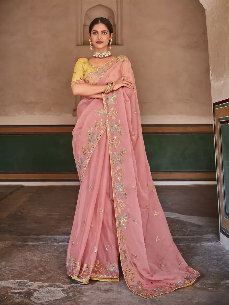 Pink embroidered organza saree with blouse