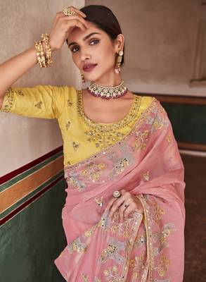 Pink zari, mirror, and thread embroidered organza designer saree 3
