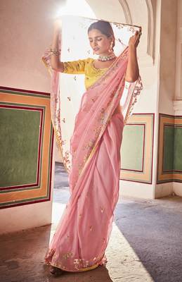 Pink zari, mirror, and thread embroidered organza designer saree 4