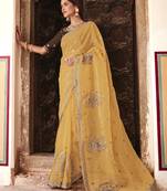 Mustard zari, mirror, and thread embroidered organza bollywood saree