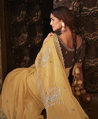 Mustard zari, mirror, and thread embroidered organza bollywood saree 2