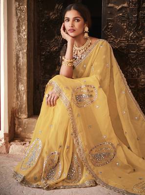 Mustard zari, mirror, and thread embroidered organza bollywood saree 3