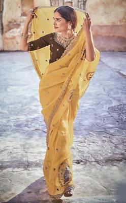 Mustard zari, mirror, and thread embroidered organza bollywood saree 4