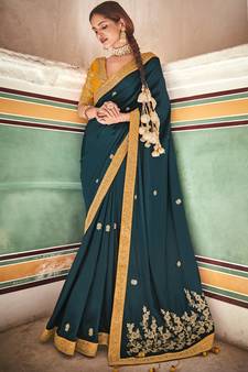 Green Dori and Sequins embroidered crepe party wear saree