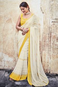 White Printed, Gota, Thread embroidered georgette saree with blouse