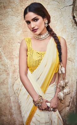 White Printed, Gota, Thread embroidered georgette saree with blouse 2