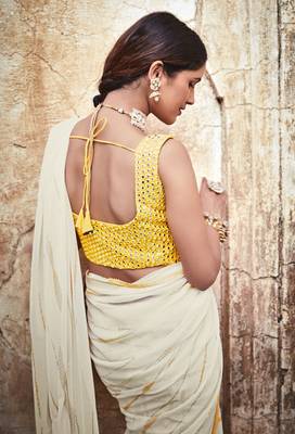 White Printed, Gota, Thread embroidered georgette saree with blouse 3