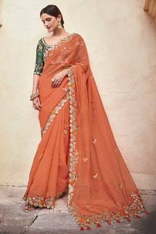 Orange embroidered organza saree with blouse