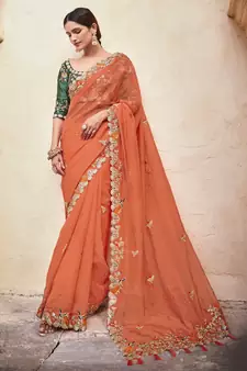 Orange embroidered organza saree with blouse