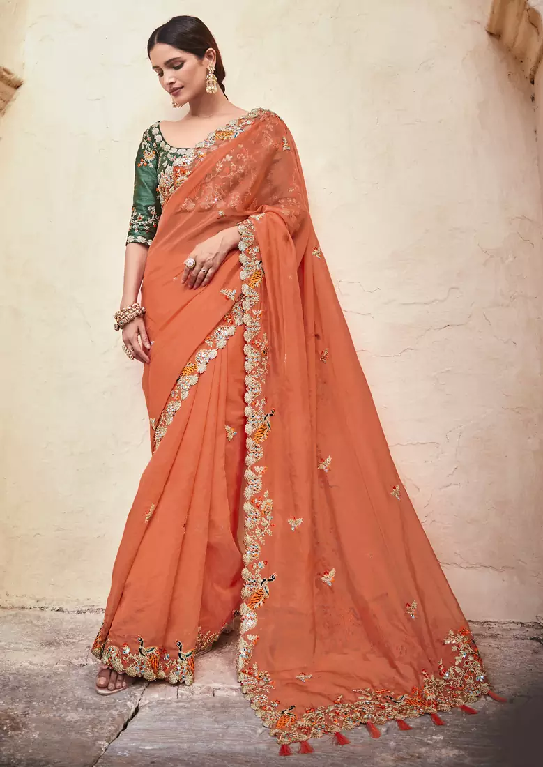 Orange embroidered organza saree with blouse