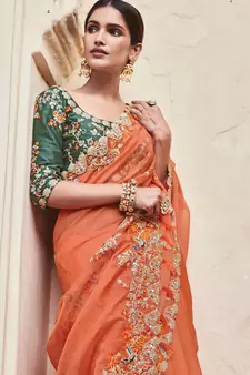 Orange embroidered organza saree with blouse
