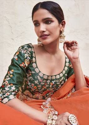 Orange embroidered organza saree with blouse 3