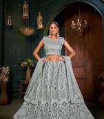 Grey embroidered net semi stitched lehenga