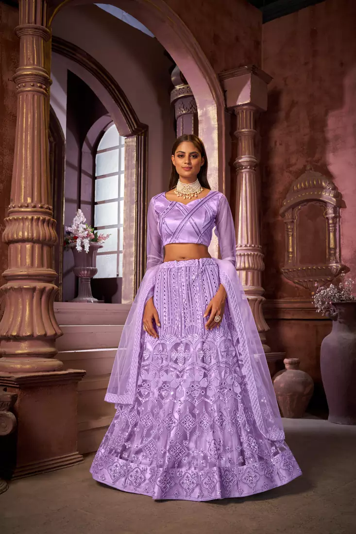 Lavender embroidered net semi stitched lehenga
