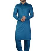 peacock Blue plain satin pathani-suits