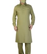olive Green plain satin pathani-suits