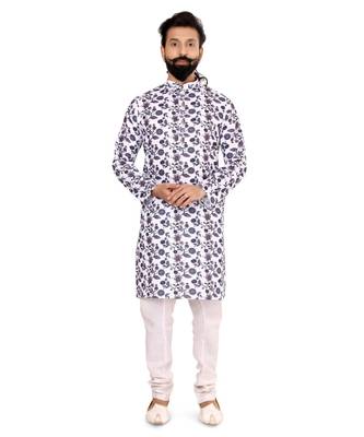Men Off White Cotton Digital Printed Kurta Churidar Set 2