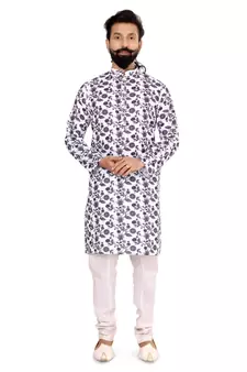 Men Off White Cotton Digital Printed Kurta Churidar Set