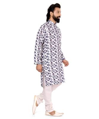 Men Off White Cotton Digital Printed Kurta Churidar Set 3