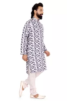 Men Off White Cotton Digital Printed Kurta Churidar Set