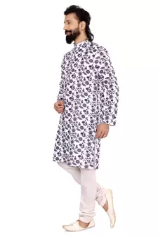 Men Off White Cotton Digital Printed Kurta Churidar Set