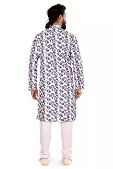 Men Off White Cotton Digital Printed Kurta Churidar Set