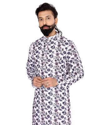 Men Off White Cotton Digital Printed Kurta Churidar Set 6