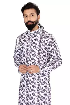 Men Off White Cotton Digital Printed Kurta Churidar Set