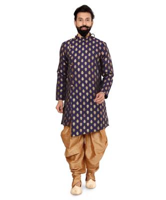 Men Navy Blue Jacquard Silk Dhoti Kurta Set 2