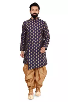 Men Navy Blue Jacquard Silk Dhoti Kurta Set