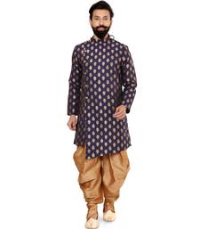 Men Navy Blue Jacquard Silk Dhoti Kurta Set