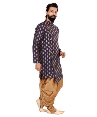 Men Navy Blue Jacquard Silk Dhoti Kurta Set 3