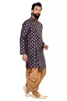 Men Navy Blue Jacquard Silk Dhoti Kurta Set