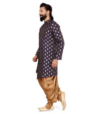 Men Navy Blue Jacquard Silk Dhoti Kurta Set 4