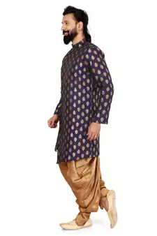 Men Navy Blue Jacquard Silk Dhoti Kurta Set